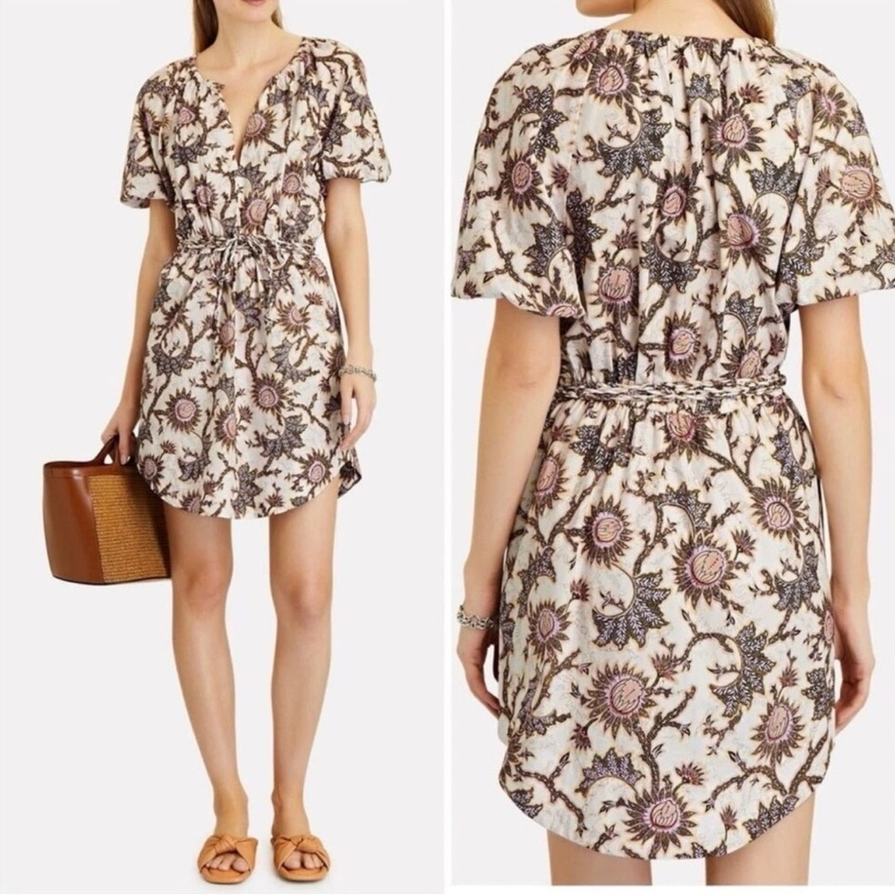 A.L.C. Adelaide Floral Tie-Waist Mini Dress Size 8 Brown Puff Sleeves *NO BELT